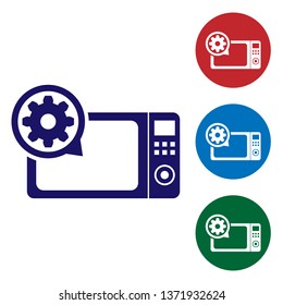 Blue Microwave oven and gear icon isolated on white background. Adjusting app, service concept, setting options, maintenance, repair, fixing. Set color icon in circle buttons. Vector Illustration