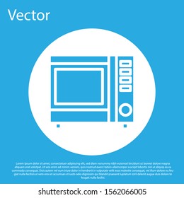 Blue Microwave oven icon isolated on blue background. Home appliances icon. White circle button. Vector Illustration