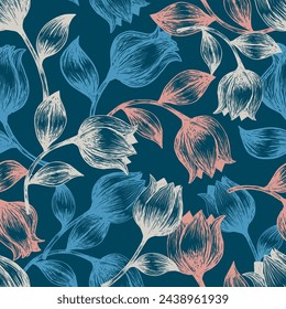 Blue Midnight Tulip Whimsy Los garabatos abstractos de tulipán se pueden utilizar para el diseño de fondo y de ropa