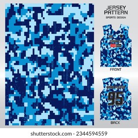 blue military camouflage pattern design, illustration, textile background for sports t-shirt, football jersey shirt mockup for football club. consistent front view
