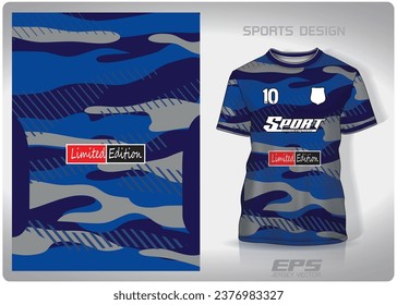 Blue military camouflage pattern design, illustration, textile background for sports t-shirt, football jersey shirt mockup for football club. consistent front view