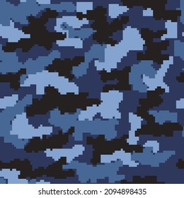 Patrón de camuflaje militar azul, textura de píxel, fondo oscuro. Camuflaje del ejército para imprimir.