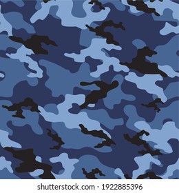 Blue Military Camouflage Vector Seamless Pattern