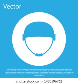 Blue Military helmet icon isolated on blue background. Army hat symbol of defense and protect. Protective hat. White circle button. Vector Illustration