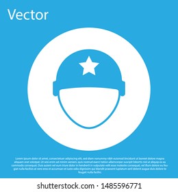 Blue Military helmet icon isolated on blue background. Army hat symbol of defense and protect. Protective hat. White circle button. Vector Illustration