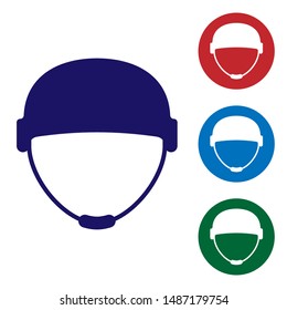 Blue Military helmet icon isolated on white background. Army hat symbol of defense and protect. Protective hat. Set color icons in circle buttons. Vector Illustration
