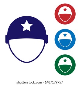 Blue Military helmet icon isolated on white background. Army hat symbol of defense and protect. Protective hat. Set color icons in circle buttons. Vector Illustration