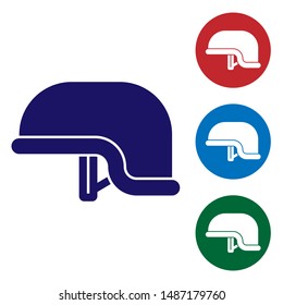 Blue Military helmet icon isolated on white background. Army hat symbol of defense and protect. Protective hat. Set color icons in circle buttons. Vector Illustration