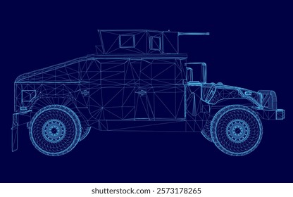 Blue military jeep with a blue logo on the side. The vehicle is designed for military use and is equipped with advanced technology and weaponry