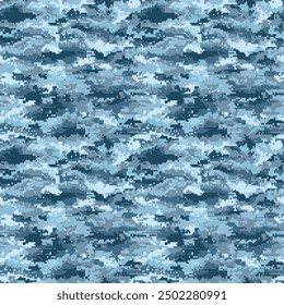 Blue military pixelated camouflage seamless pattern. Modern hunting camo pattern