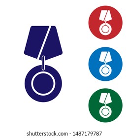 Blue Military reward medal icon isolated on white background. Army sign. Set color icons in circle buttons. Vector Illustration