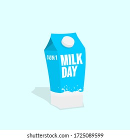 Caja de leche azul con el vector de texto "Día de la leche" Ilustración. Perfecto para el diseño de plantillas de día de la leche.