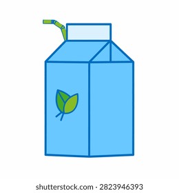 A blue milk carton featuring a green leaf logo and a straw, emphasizing eco-friendliness and sustainable packaging design.
