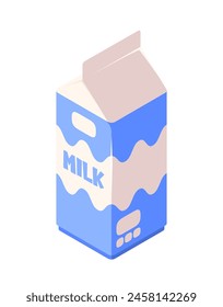 Blue milk carton with a wavy pattern on a light background, concept of dairy products. Isometric vector illustration isolated on white background