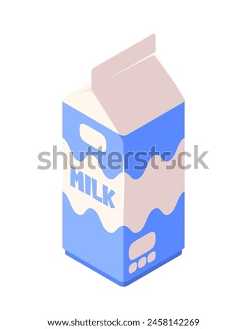 Blue milk carton with a wavy pattern on a light background, concept of dairy products. Isometric vector illustration isolated on white background