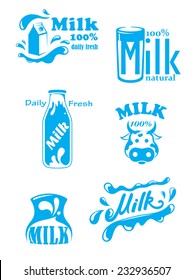 Blue milk labels and banners designs isolated on white background with text milk and one hundred percents