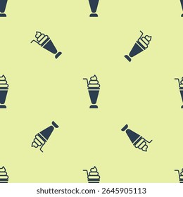 O ícone azul do Milkshake isolou um padrão contínuo no plano de fundo amarelo. Copo de plástico com tampa e palha.  Vetor