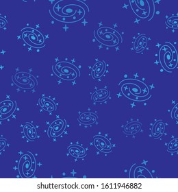 Blue Milky way spiral galaxy with stars icon isolated seamless pattern on blue background.  Vector Illustration