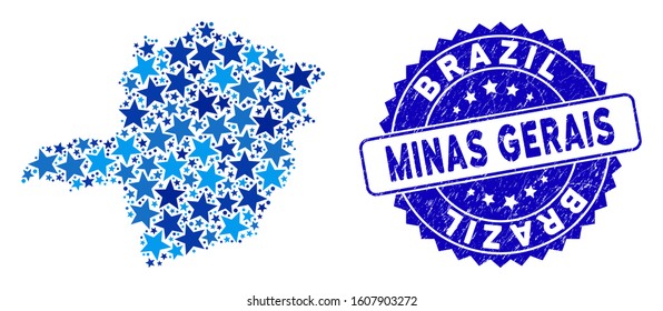 Blue Minas Gerais State map collage of stars, and grunge round seal. Abstract territorial scheme in blue color tones. Vector Minas Gerais State map is shaped of blue stars.