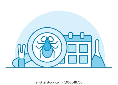 Blue Mini Illustration Of Beginning Of Tick Season. Tweezers Hook And Remedy For Bloodsuckers Medical Drops. Insect In Magnifying Glass. Vector Flat Icon For Website, Application, Or Presentation.