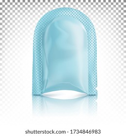 Blue mini package, sachet, bag for cream, cosmetics, shampoo, face masks. Vector 3d mock-up template isolated on white transparent background.