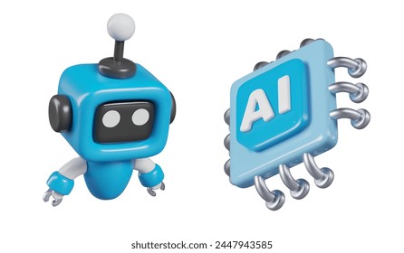 Blue mini robot, processor labeled AI. Set of vector 3D illustrations