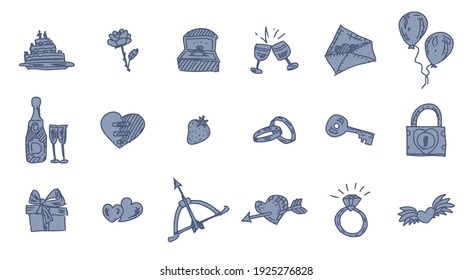 blue miniatures wedding and love rings. doodle sketch illustration