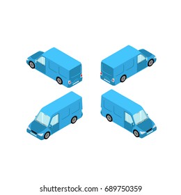 Blue minibus in isometric style on white background, cargo transport