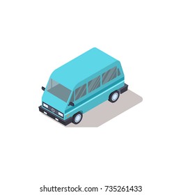 Blue minibus with polished windows and flat even roof isolated isometric 3d vector illustration on white background. Spacious comfortable rectangular vehicle.