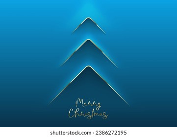 Blue minimal Christmas card vector design. Simple background, elegant geometric minimalist style. Convex line spruce banner. Cut paper Christmas tree, gold Merry Christmas text. Clean concept design