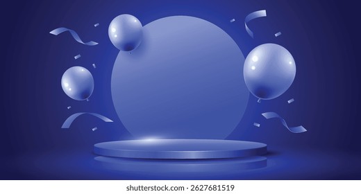 Blue minimal elegant podium background. Ballons and confetti promotion stage scene.
