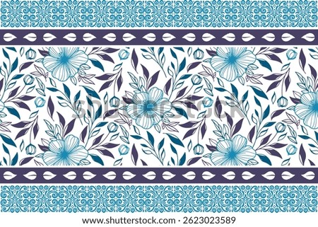 blue minimal floral repeat. seamless botanical embroidery. outline hand drawn border. elegant flower petals. modern sketch texture. clean textile design
