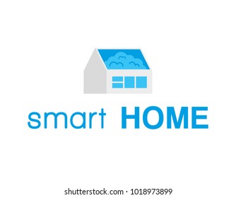 Blue minimal geometric logo smart home safe with brain on the roof. Modern technology comfortable life remote control your apartment. Graphic design vector. technology system with centralized control.