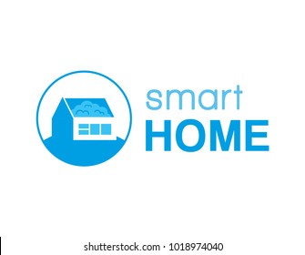 Blue minimal geometric logo smart home safe with brain on the roof. Modern technology comfortable life remote control your apartment. Graphic design vector. technology system with centralized control.
