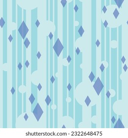 Blue minimal geometric vector seamless pattern with abstract stripes, circles and diamond shapes. Suitable for fabric, wallpaper, packaging.