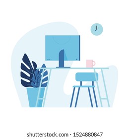 Blue minimal office working space contains computer table chair coffee clock and tree pot. Drawing vector illustration on white background