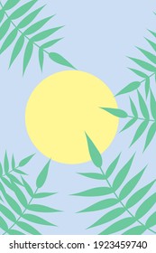 Fondo botánico azul minimalista con cielo azul, sol amarillo y hojas verdes. Diseño vectorial de moda con formas naturales y simples como la jungla. Banner decorativo en la pared, afiche plano simple y abstracto.