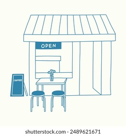 Kiosco de café minimalista azul con taburetes