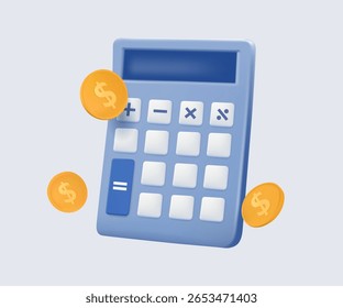 Azul minimalista calculadora ícone de ilustração 3d desenho animado estilo vetor. ícone 3d da calculadora com moedas. Cálculo de impostos para finanças e bancos sobre fundo branco. Conceito de investimento e receita