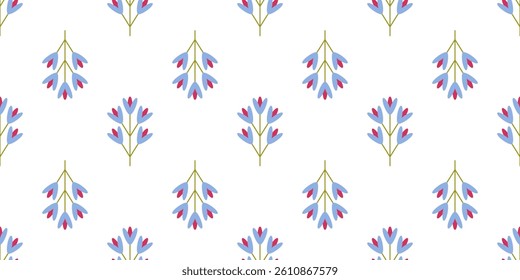 Blue minimalist flat flowers. Abstract floral seamless pattern on white background. Pretty background for print poster banner