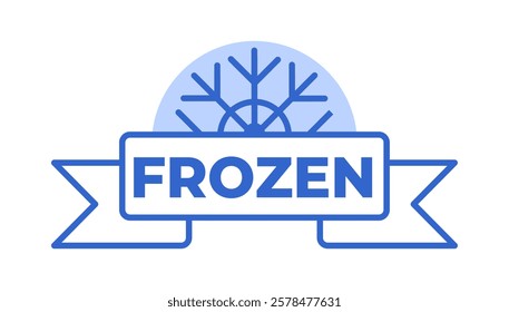 Blue minimalist frozen food badge with snowflake icon and ribbon, featuring bold text Frozen in flat style on a white background. Concept of frozen products. Vector illustration.