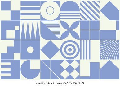 Blue minimalist geometric composition with modern geometrical shapes inspired by Bauhaus and Swiss design. Brutalist pattern for print and web.