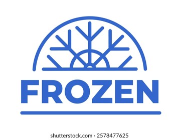 Blue minimalist logo design featuring a snowflake within a half-circle above the word Frozen in bold text. Flat style on a white background. Concept of cold storage. Vector illustration.