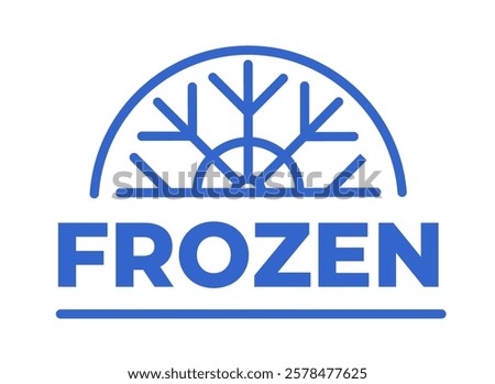 Blue minimalist logo design featuring a snowflake within a half-circle above the word Frozen in bold text. Flat style on a white background. Concept of cold storage. Vector illustration.