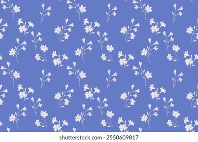 Blue minimalist pattern with tiny florals stem. Abstract artistic branches with small flowers seamless print. Vector hand drawing. Simple nature ornament for design, fashion, surface design, fabric