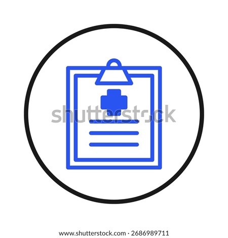 A blue minimalist style icon features a medical clipboard with a cross symbol, representing patient reports, healthcare assessments, and crucial diagnostic information. This easily recognizable