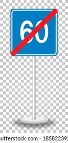 Blue minimum speed limit 60 road sign with stand isolated on transparent background illustration