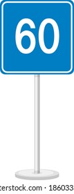 Límite de velocidad mínimo azul 60 señal de carretera con soporte aislado en ilustración de fondo blanco