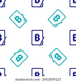 Blue Mining bitcoin from graphic tablet icon isolated seamless pattern on white background. Cryptocurrency mining, blockchain technology service.  Vector