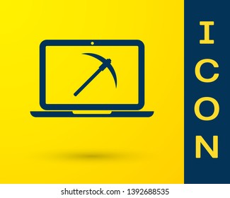 Blue Mining concept with laptop and pickaxe icon isolated on yellow background. Blockchain technology, cryptocurrency mining, digital money market. Vector Illustration
